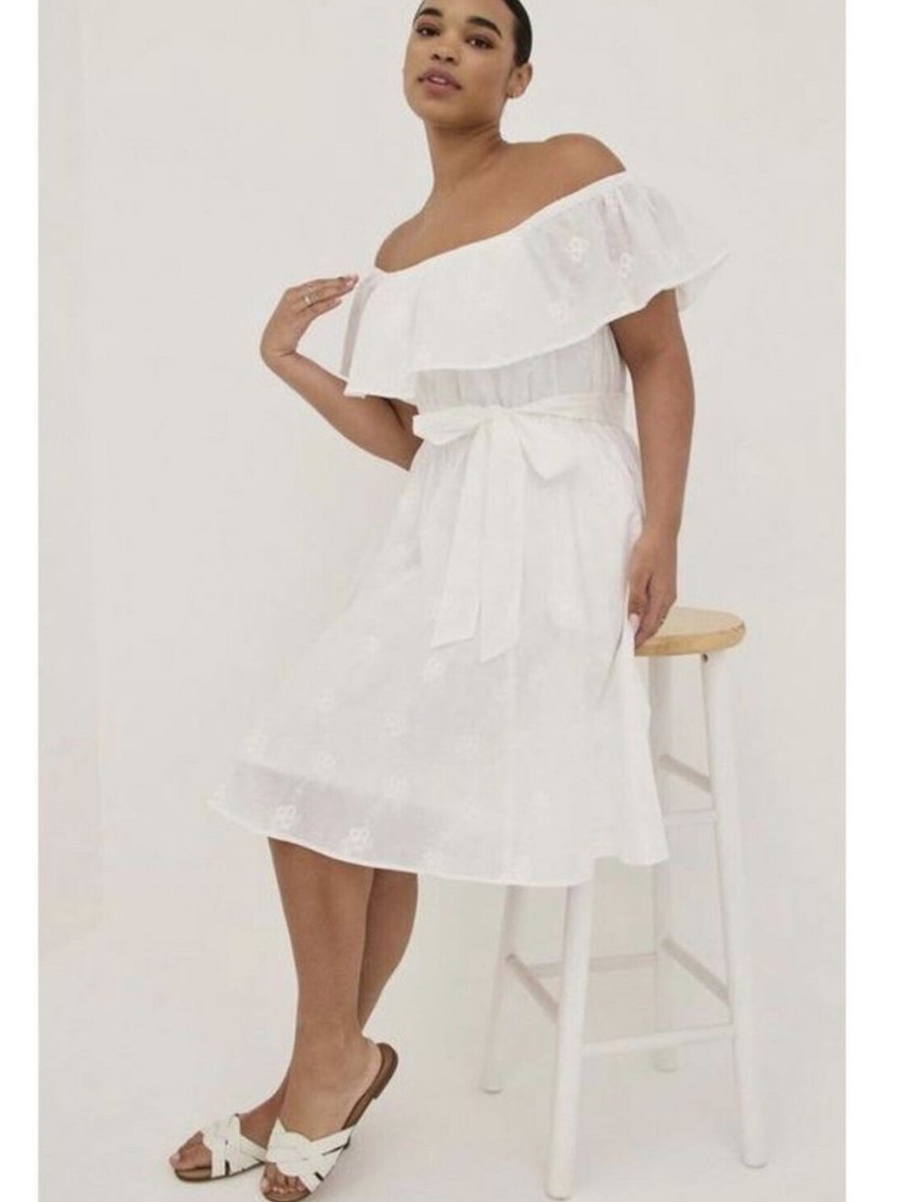 NWT Torrid Off-Shoulder White Sundress with Waist Tie Embroidered size 14/16
